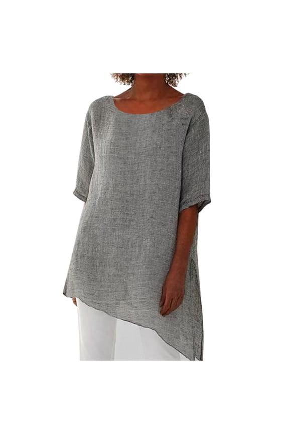 Womens Tops Under $10 Women's Cotton Linen Tops Summer Short Sleeve Asymmetrical Tunic Blouses Casual Trendy Crewneck Gauzy T Shirts