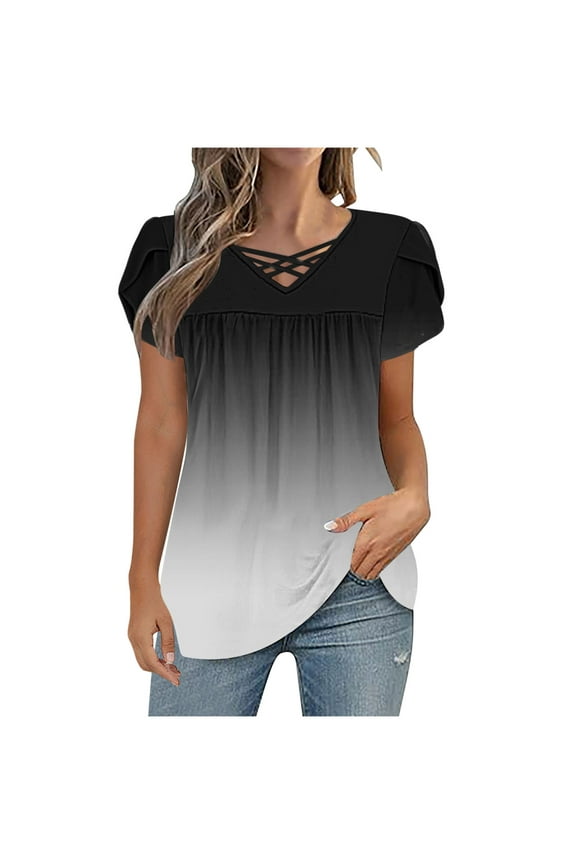 Womens Tops Under $10 Women's Gradient Tee Criss Cross V Neck Short Sleeve Ombre Tunic Tops Casual Loose Blouse Summer Beach Shirt
