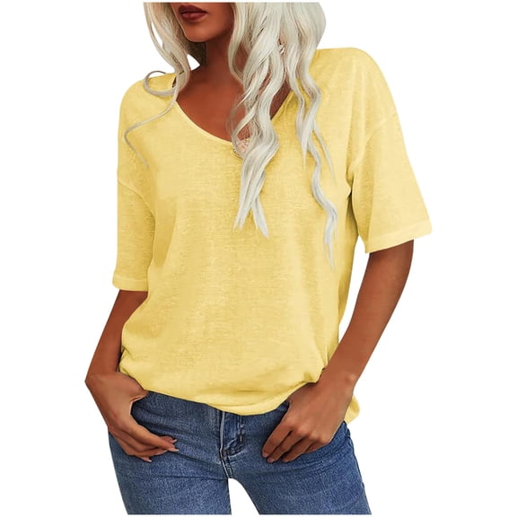 Womens Tops Under $10 Women's Oversized T Shirt V-Neck Half Sleeves Solid Casual Loose Basic Tops Yellow XL