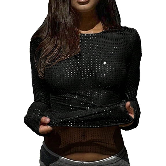 Womens Tops Under $10 Women's Rhinestone Sheer T Shirt Crew Neck Long Sleeve Sparkly Going Out Tops Black S