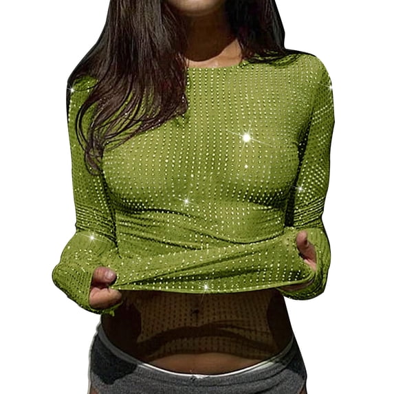 Womens Tops Under $10 Women's Rhinestone Sheer T Shirt Crew Neck Long Sleeve Sparkly Going Out Tops Green M