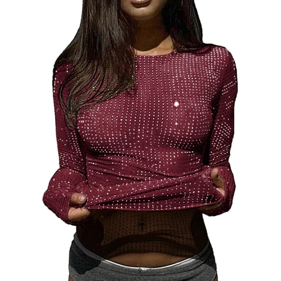 Womens Tops Under $10 Women's Rhinestone Sheer T Shirt Crew Neck Long Sleeve Sparkly Going Out Tops Wine M