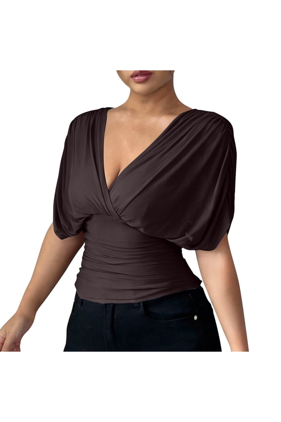 Womens Tops Under $10 Women's Wrap V-Neck Peplum Tops Batwing Short Sleeve Ruched Blouse Dressy Casual Tunic Tops Solid Top for Party Coffee S