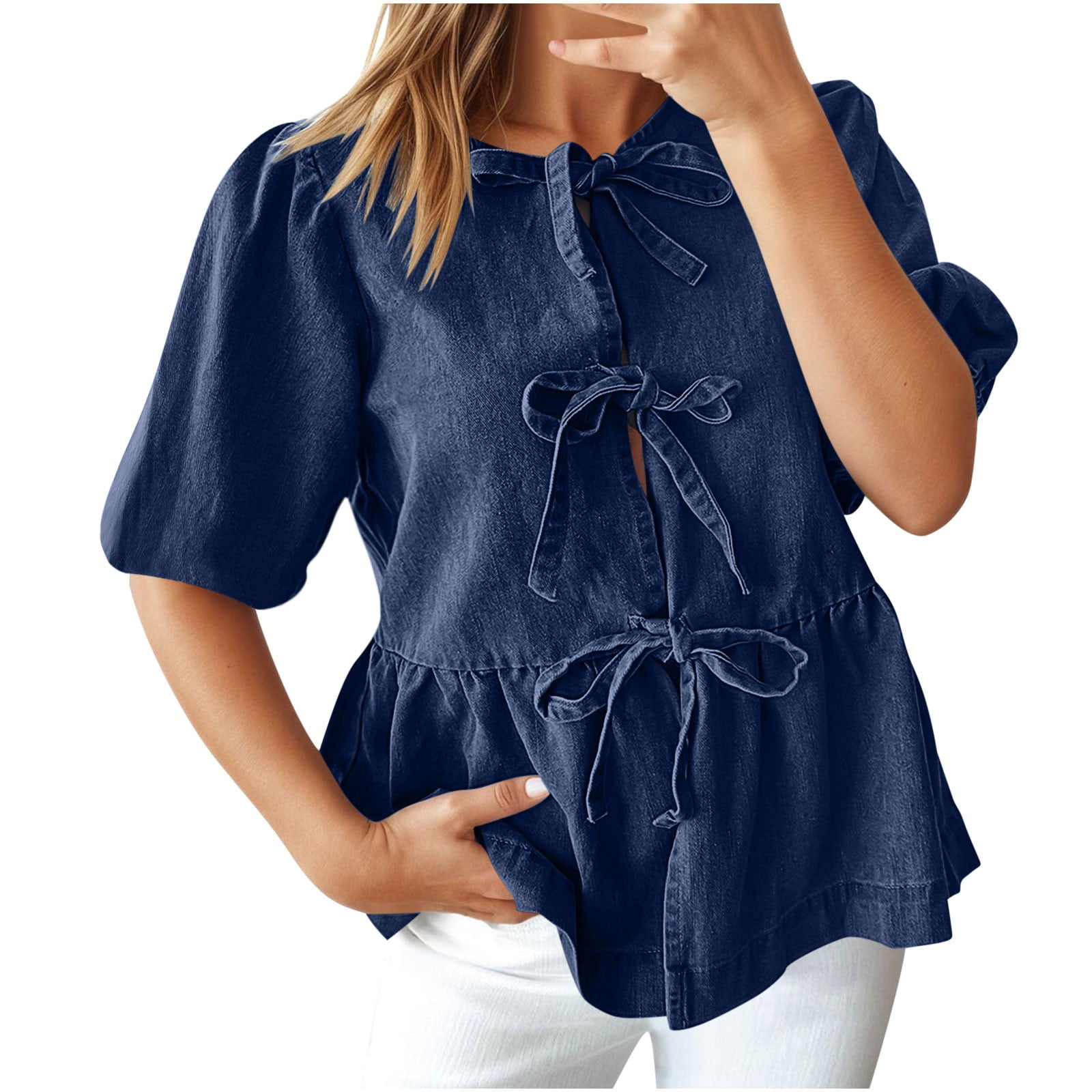 Womens Tops Under $10, Womens Denim Tie Front Tops Babydoll Peplum Puff Sleeve Jean Shirts Crew Neck Summer Casual Bow Blouses