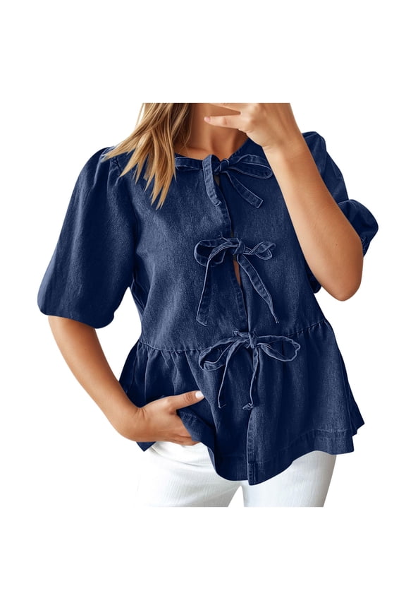 Womens Tops Under $10, Womens Denim Tie Front Tops Babydoll Peplum Puff Sleeve Jean Shirts Crew Neck Summer Casual Bow Blouses