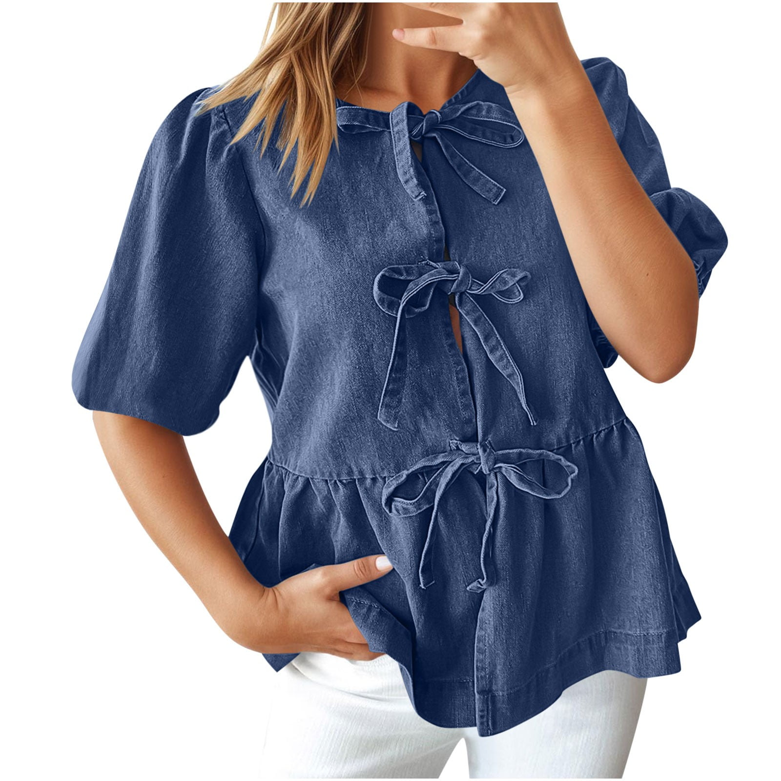 Womens Tops Under $10, Womens Denim Tie Front Tops Babydoll Peplum Puff Sleeve Jean Shirts Crew Neck Summer Casual Bow Blouses