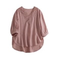 thumbnail image 1 of Womens Tops Under $10 Womens Elbow Sleeve Gauzy Tops Summer Lace Trim V Neck Shirts Cute Curved Hem Peasant Tunic Casual Boho Blouses, 1 of 4