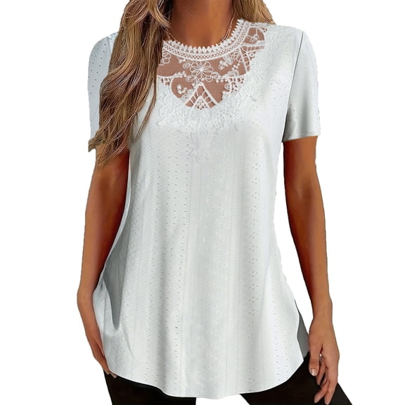 Womens Tops Under $10 Womens Lace Blouse Long Sleeve Casual Dressy Tops Elegant Crewneck Tunic Shirts Fall Winter Office Work Solid Tees White XL