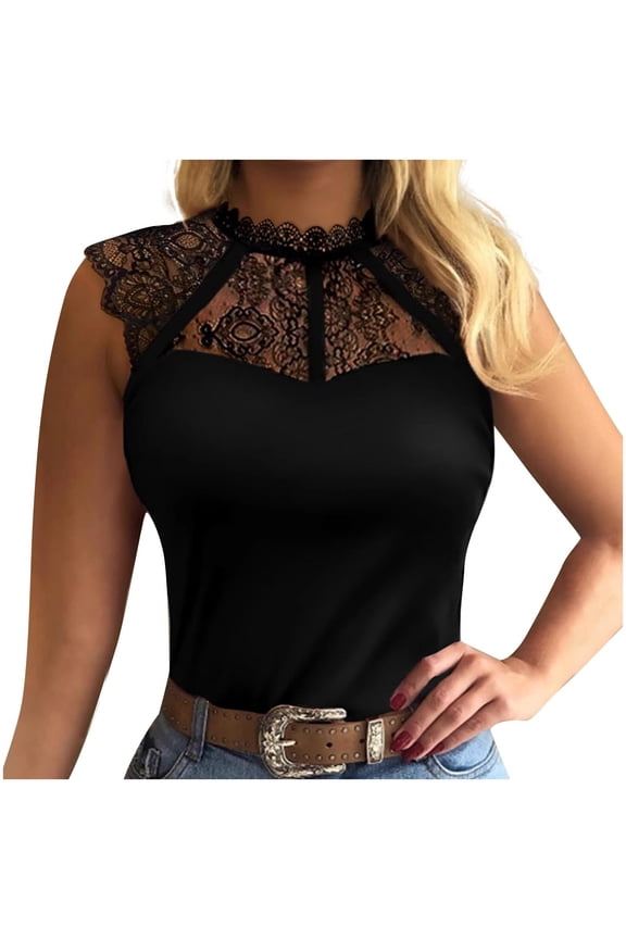 Womens Tops Under $10 Womens Lace Patchwork Vest Sleeveless Top Sheer Neck Slim Fit Basic Tank Casual Street Daily Wear