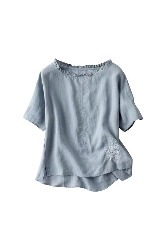 Womens Tops Under $10 Womens Linen Embroidered Shirts Summer Short Sleeve Cotton Gauzy Tops Ruffle Crew Neck Peasant Tunic Boho Blouses Blue XXL