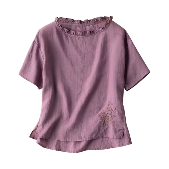 Womens Tops Under $10 Womens Linen Embroidered Shirts Summer Short Sleeve Cotton Gauzy Tops Ruffle Crew Neck Peasant Tunic Boho Blouses Purple XL