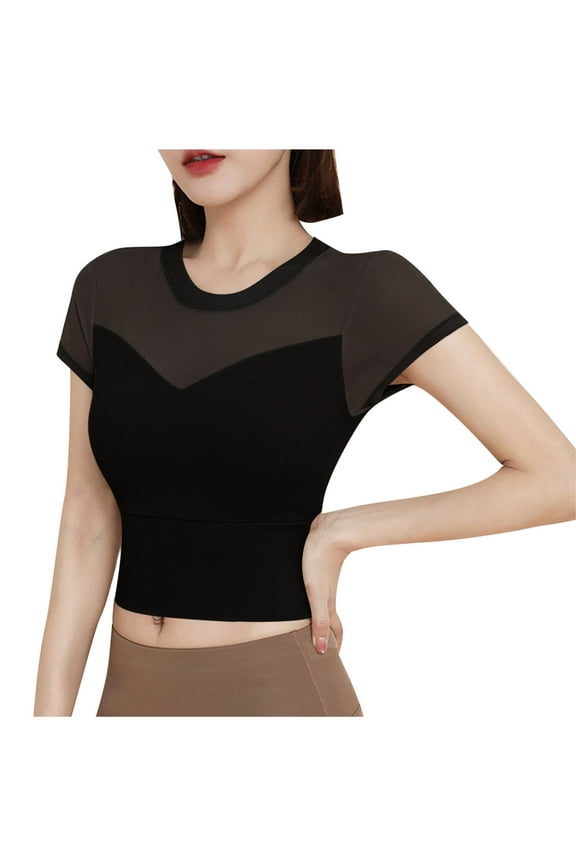 Womens Tops Under $10 - Womens Mesh Short Sleeve Crop Tops Round Neck Sexy Sheer Tee Shirts Bottom Patchwork Slim Sporting Yoga Tshirts Black XXL