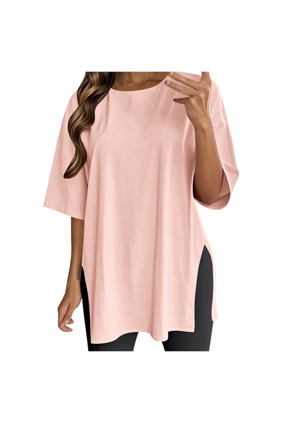 Womens Tops Under $10 Womens Oversized Workout T Shirts Summer Casual Short Sleeve Tee Tops Long Side Slits Loose Fit Basic Tee Tops Pink XXL