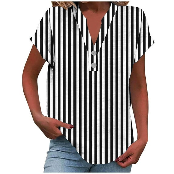 Womens Tops Under $10 Womens Short Sleeve Henley Tops Striped V Neck Button down Tunic Shirt Dressy Casual Blouse Summer Trendy Outfits