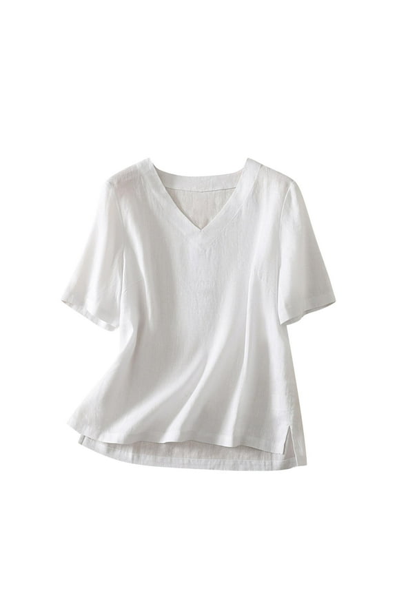 Womens Tops Under $10 Womens Summer Short Sleeve Peasant Tops 2026 Casual Basic V Neck Gauzy Shirts Slit Side Cute Tunic Plain Blouses