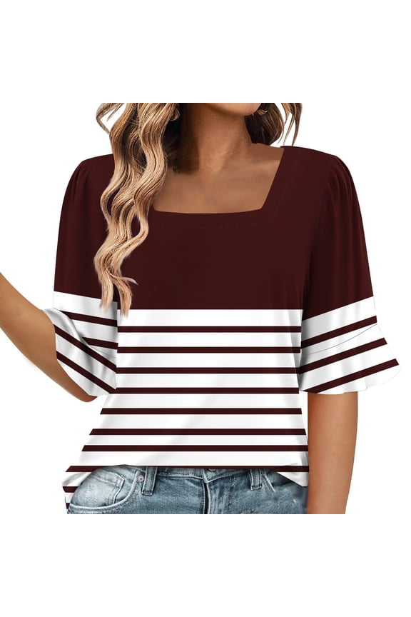 Womens Tops Under $10 Womens Summer Square Neck Tops Color Block Striped Shirts Cute Ruffle Elbow Sleeve Tunic Casual Half Sleeves Blouses
