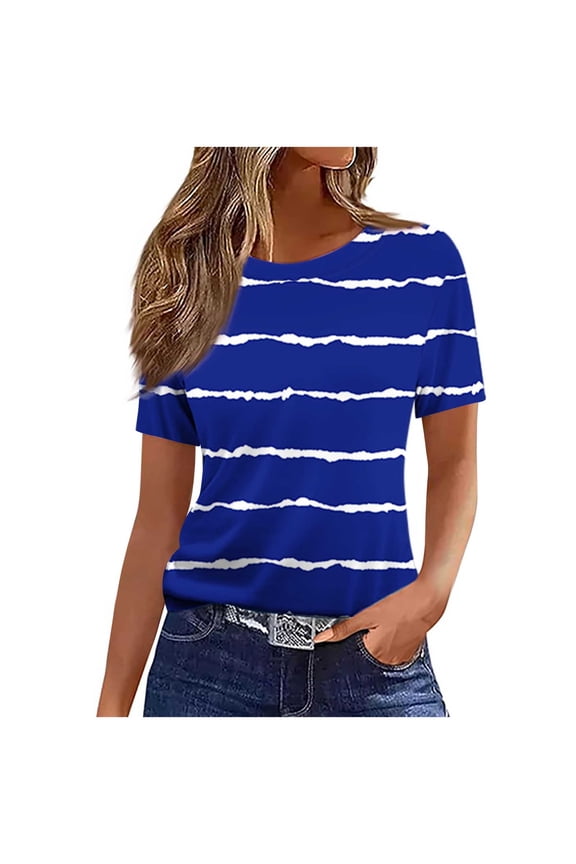 Womens Tops Under $10 - Womens Summer Tunic Tops Short Sleeve Shirts Dressy Casual Blouses Flowy Pleated Front Crew Neck Clothes Blue M