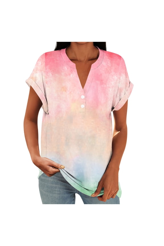 Womens Tops Under $10, Womens Tops Dressy Casual Boho Floral Short Sleeve Shirts Loose Button V-Neck Henley Blouses Spring Summer Clothes Red M