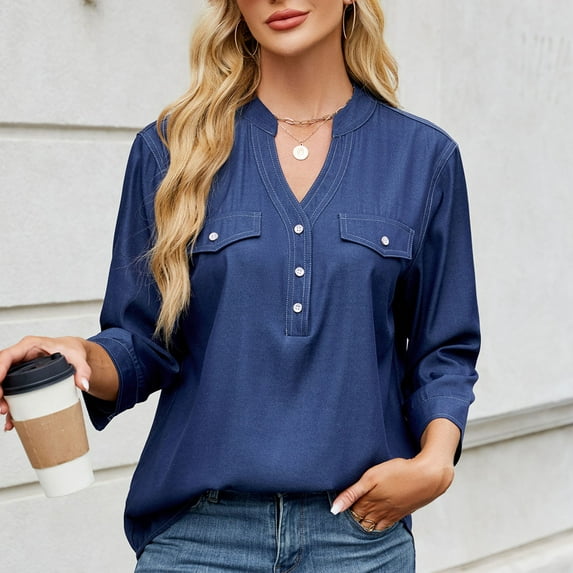 Womens Tops V-Neck 3/4 Sleeve Denim Imitation Shirt Casual Loose Top Dark Blue S