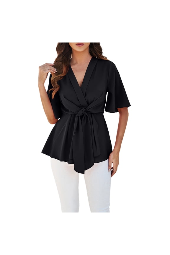 Womens Tops V Neck Bell Sleeve Ruffle Hem Tie Front Elegant Trendy Tops