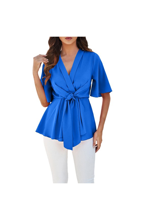 Womens Tops V Neck Bell Sleeve Ruffle Hem Tie Front Elegant Trendy Tops