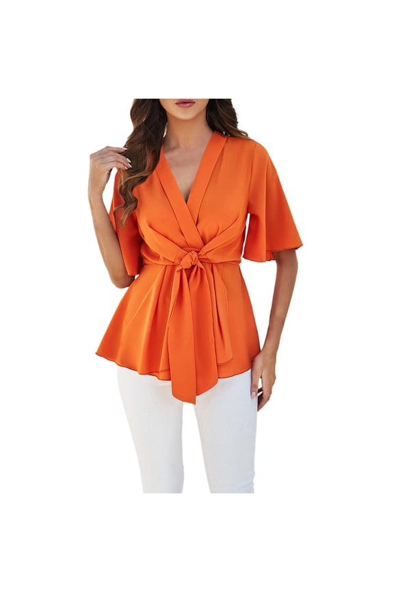 Womens Tops V Neck Bell Sleeve Ruffle Hem Tie Front Elegant Trendy Tops