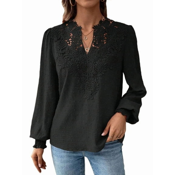 Womens Tops V Neck Boho Long Sleeve Shirts Dot Chiffon Blouses Flowy Lace Crochet Clothing Casual Trendy Tunic Black XXL