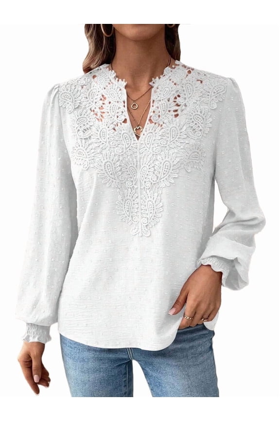 Womens Tops V Neck Boho Long Sleeve Shirts Dot Chiffon Blouses Flowy Lace Crochet Clothing Casual Trendy Tunic White L
