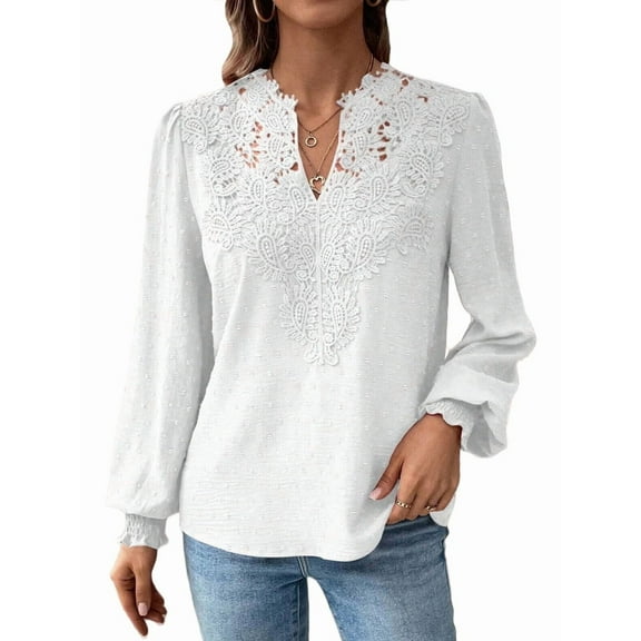 Womens Tops V Neck Boho Long Sleeve Shirts Dot Chiffon Blouses Flowy Lace Crochet Clothing Casual Trendy Tunic White S
