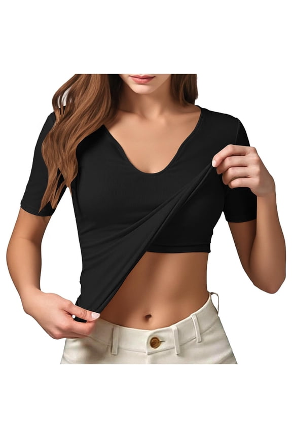 Womens Tops V Neck Built In Bra Short Sleeve Shirts Padded Yoga Athletic Tops