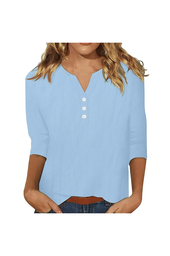 Womens Tops V-Neck Button 3/4 Sleeve T-Shirts Cotton Linen Shirts for Women