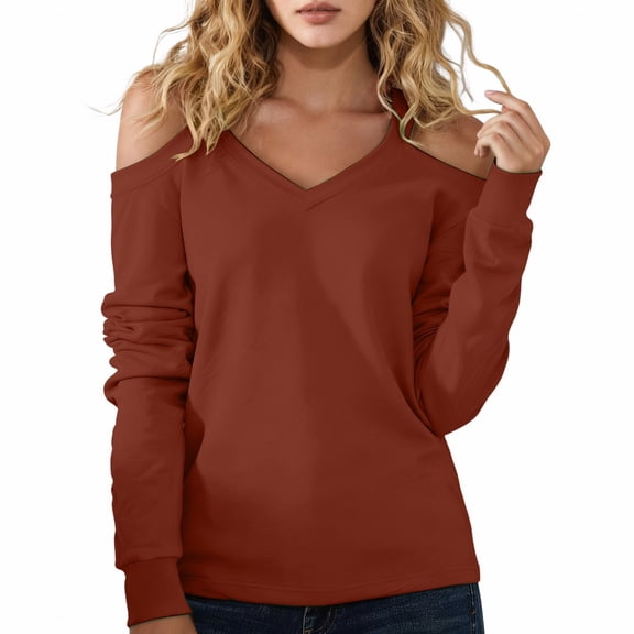 Womens Tops V Neck Cold Shoulder Long Sleeve Loose Sexy Basic Plus Size Tops