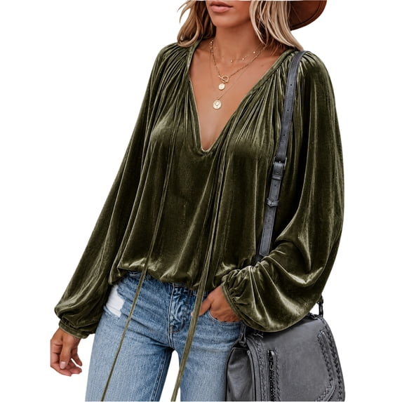 Work With Basic Womens Tops V Neck Lantern Long Sleeve Tie Front Basic Blouses Flowy ...
