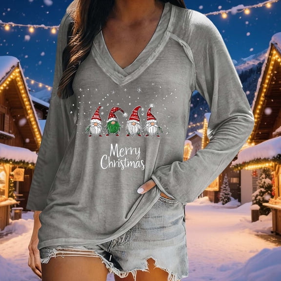 Womens Tops V Neck Long Sleeve Christmas Blouses Holiday Party Wear Loose Fit Pullover Comfort Xmas Holiday Pullover Tops