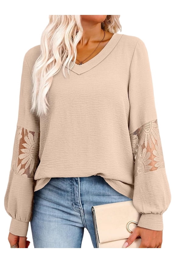 Womens Tops V Neck Long Sleeve Lace Dressy Casual Blouses Trendy Oversized T Shirts S