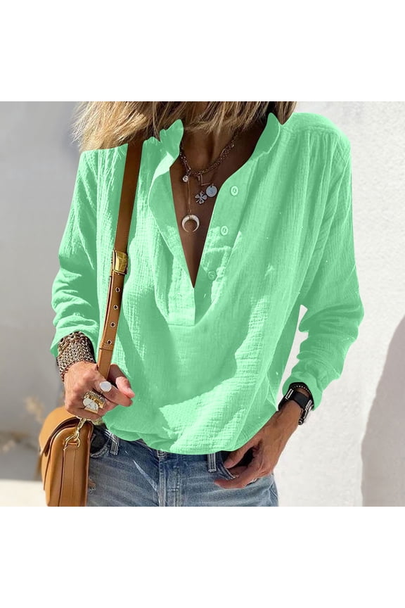 Womens Tops V Neck Long Sleeve Shirts for Women Plus Size Solid Blouses Causual Green Trendy