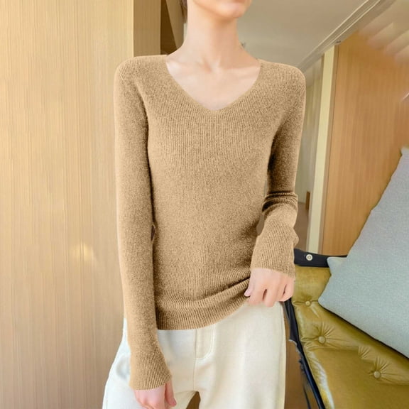 Elvqul Womens Tops V Neck Long Sleeve Shirts for Women Plus Size Solid Blouses Causual Khaki Comfort