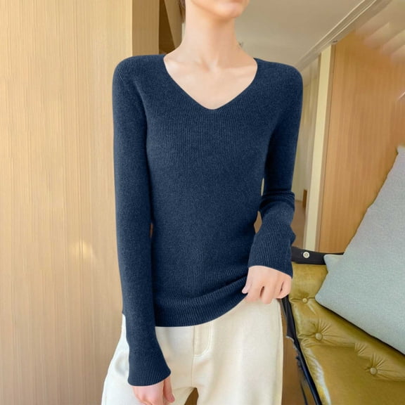 Elvqul Womens Tops V Neck Long Sleeve Shirts for Women Plus Size Solid Blouses Causual Navy Baggy