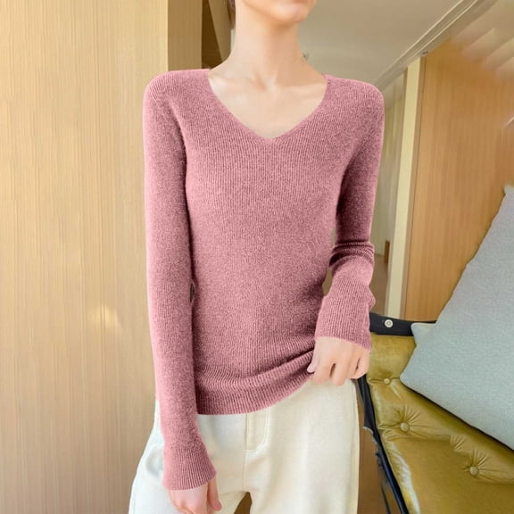 Elvqul Womens Tops V Neck Long Sleeve Shirts for Women Plus Size Plain Blouses Causual Pink Lightweight