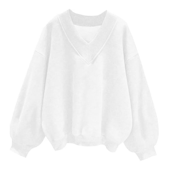 Elvqul Womens Tops V Neck Long Sleeve Shirts for Women Plus Size Solid Blouses Causual White Soft