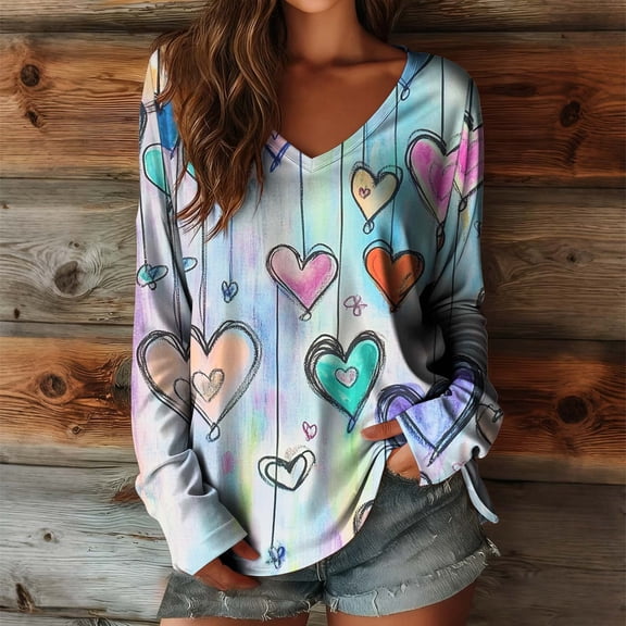 Elvqul Womens Tops V Neck Long Sleeve Shirts for Women Plus Size Graphic Blouses Valentine's Day Multicolor Soft