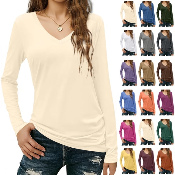 Womens Tops V-Neck Long Sleeve Slim Drape Hem Solid Color Casual Blouse T-Shirt