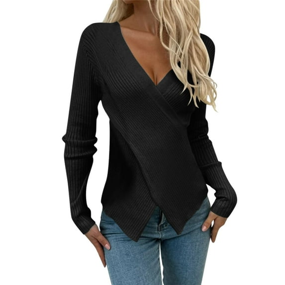 Womens Tops V Neck Long Sleeve Solid Color Pullover Knitting Top Slim Fit Comfortable Quality Fabric For Everyday/Outdoor/Party/Vacation Xl Sweaters For Women