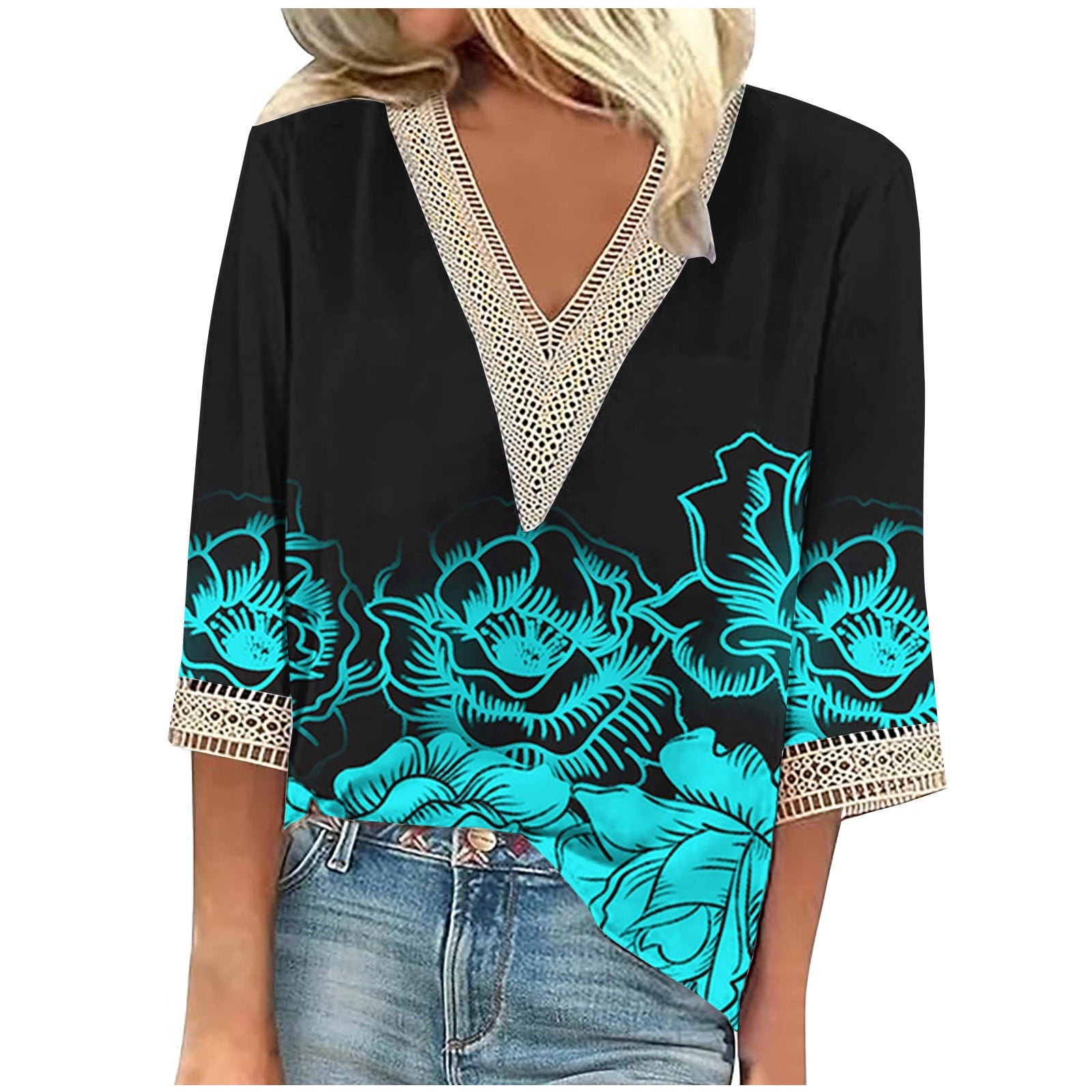 Womens Tops V Neck Loose Casual Blouse Lace 3/4 Sleeves Tunic Shirt ...