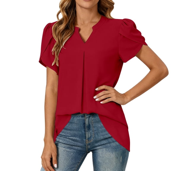 Womens Tops V Neck Pleated Sleeve Loose Summer Lightweight Trendy Tops