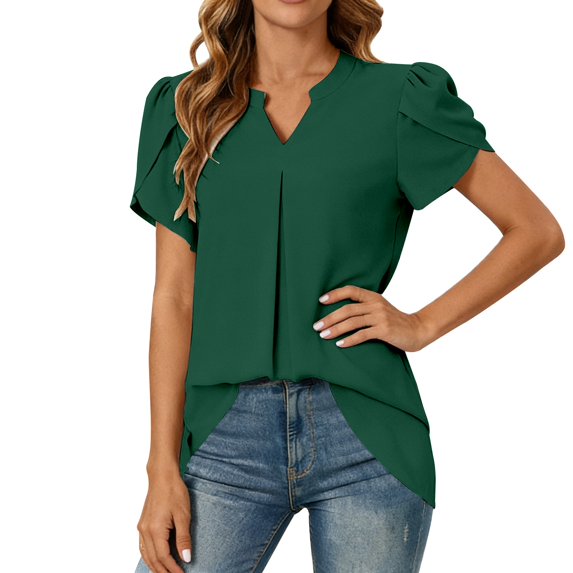 Womens Tops V Neck Pleated Sleeve Loose Summer Lightweight Trendy Tops