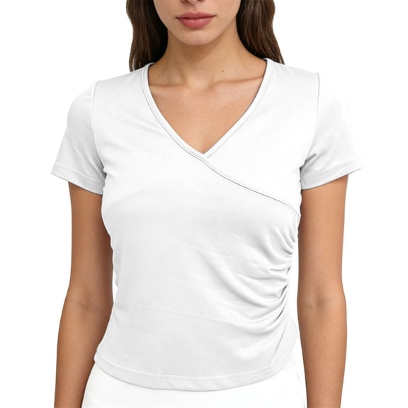 Womens Tops V Neck Ruched Slim Short Sleeve Elegant Plus Size Tops