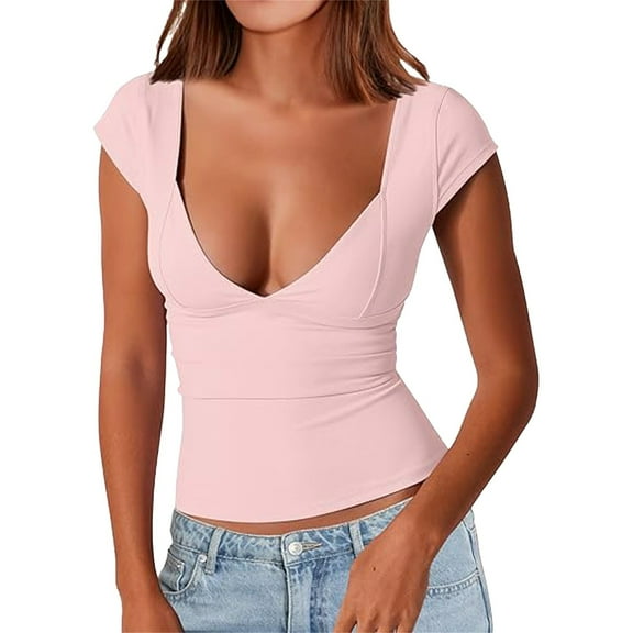 Womens Tops V Neck Short Sleeve T Shirts Double Lined Tee Seamed Cup Going Out Tops Soft Polyester Fabric Good Tensile Strength Elasticity Com fort Parties Clubs Casual Events S Shirts for Women