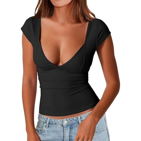Womens Tops V Neck Short Sleeve T Shirts Double Lined Tee Seamed Cup Going Out Tops Soft Polyester Fabric Good Tensile Strength Elasticity Com fort Parties Clubs Casual Events Xs Shirts for Women