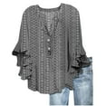 thumbnail image 1 of Womens Tops V Neck Tie Button Hollow Fabric Ruffled Sleeves Loose Casual Breathable Short Sleeves Top Exquisite Pattern Work/Casual Outings/Beach Package Size 25X20X3.5Cm 2Xl Shirts for Women, 1 of 5